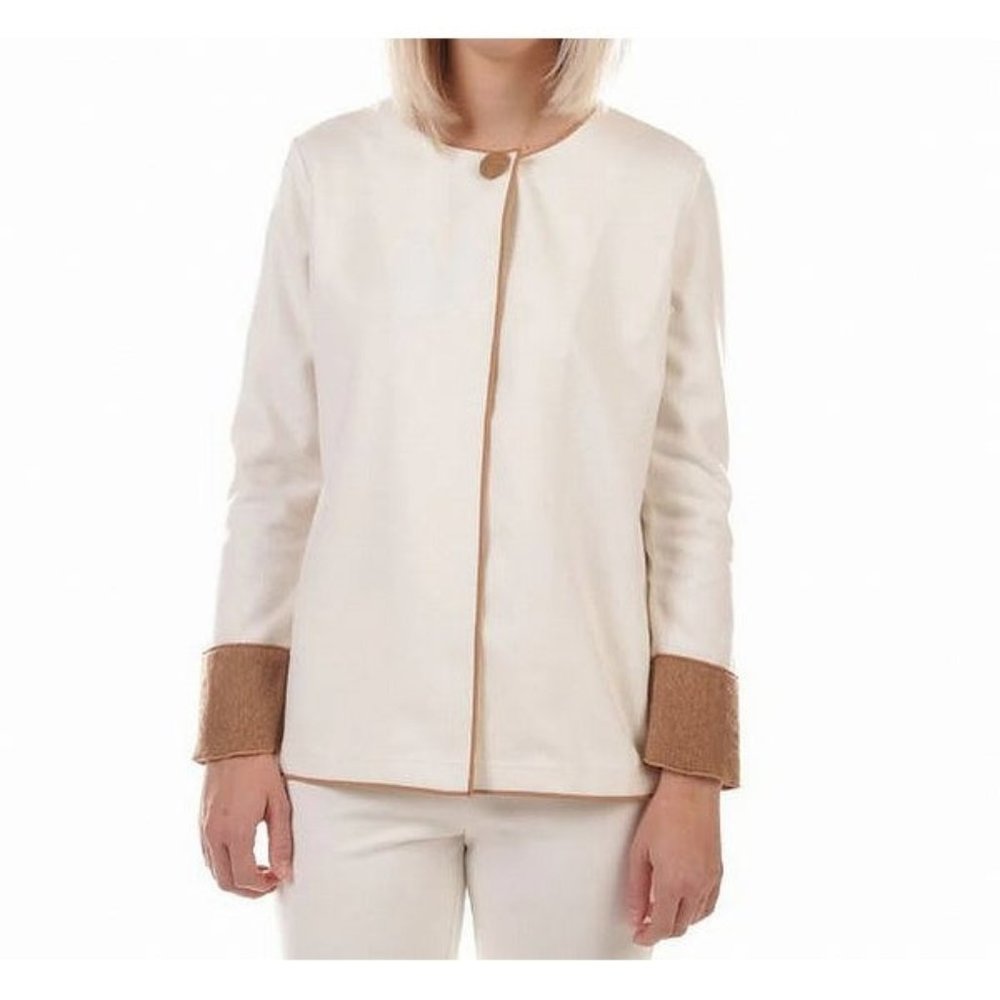 Trisha Tyler women's size 1X neck button closure soft ivory long sleeve jacket